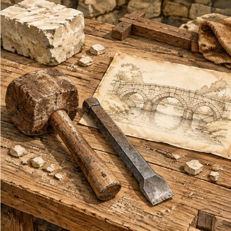 Illustrated stoneworking tools and an invented bridge sketch